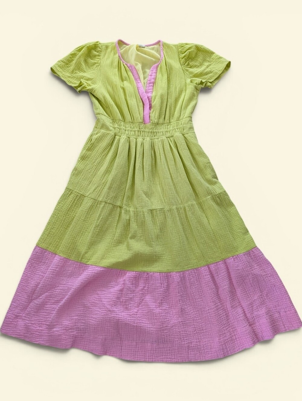 THML Gauze Puff Sleeve Midi Dress Size L Yellow Pink Tiered V Neck Pockets